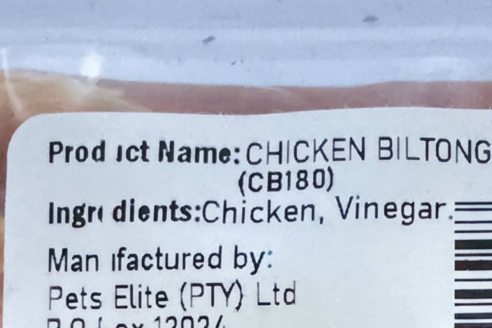 Pets Elite Chicken Biltong Bulk 160g, back of pack showing ingredients and feeding guide — air-dried chicken biltong dog treat from Snout & Swagger
