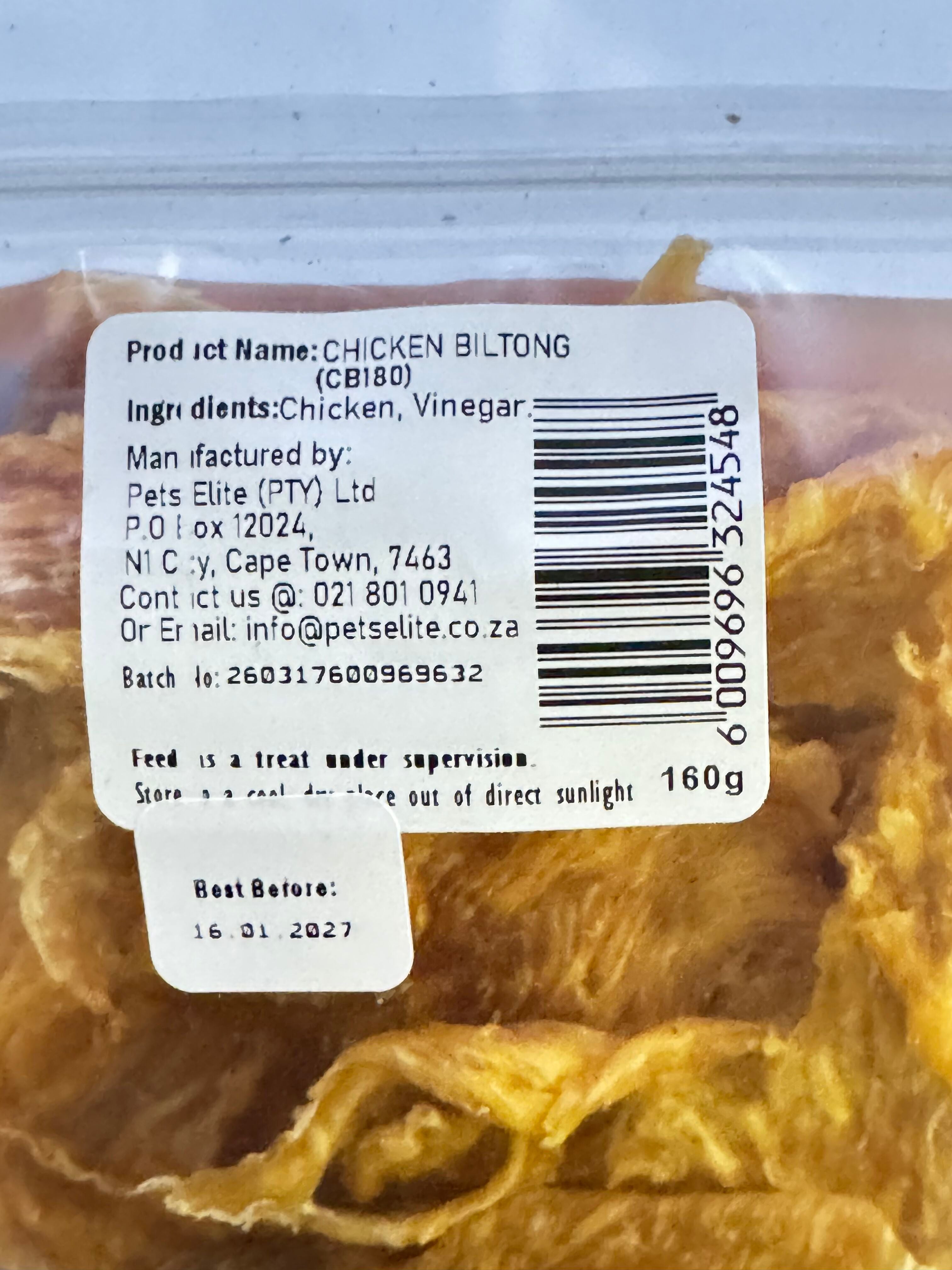 Pets Elite Chicken Biltong Bulk 160g, back of pack showing ingredients and feeding guide — air-dried chicken biltong dog treat from Snout & Swagger