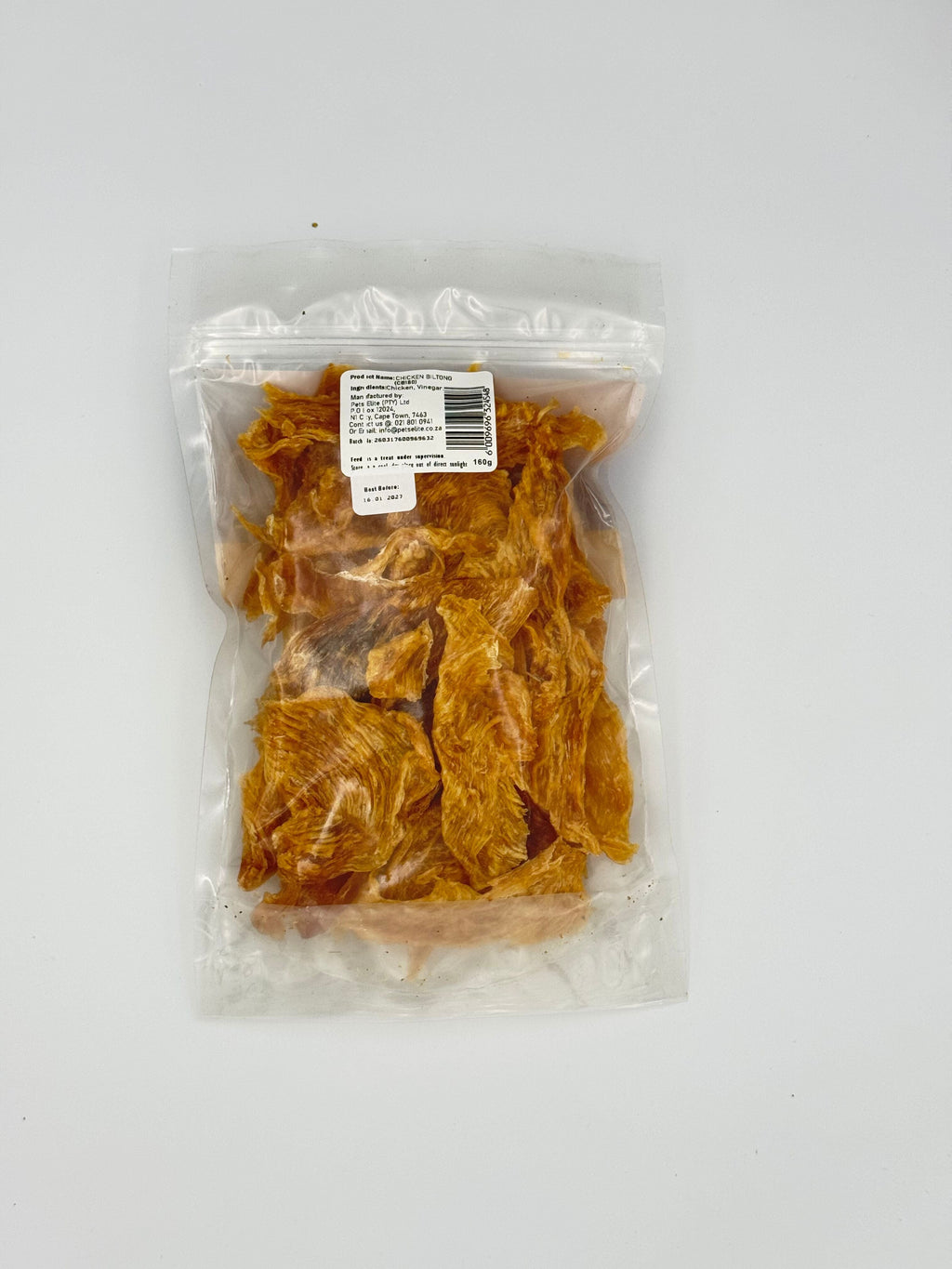 Pets Elite Chicken Biltong Bulk 160g, front of pack (view 1 of 2) — air-dried chicken biltong dog treat from Snout & Swagger