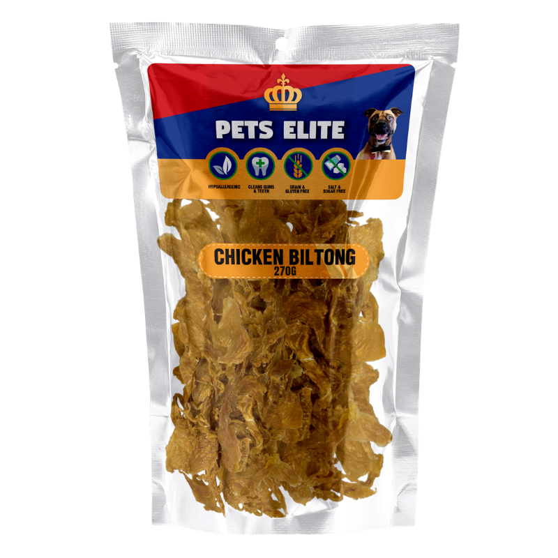 Pets Elite Chicken Biltong Bulk 270g, front of pack — air-dried chicken biltong dog treat from Snout & Swagger