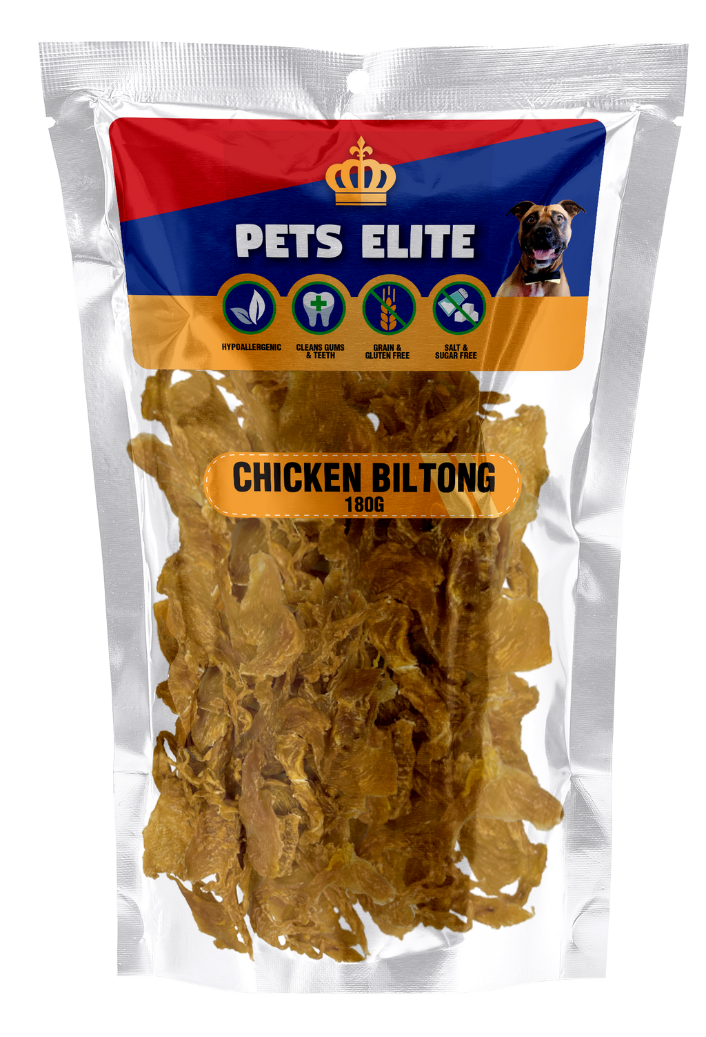 Pets Elite Chicken Biltong Bulk, front of pack — air-dried chicken biltong dog treat from Snout & Swagger