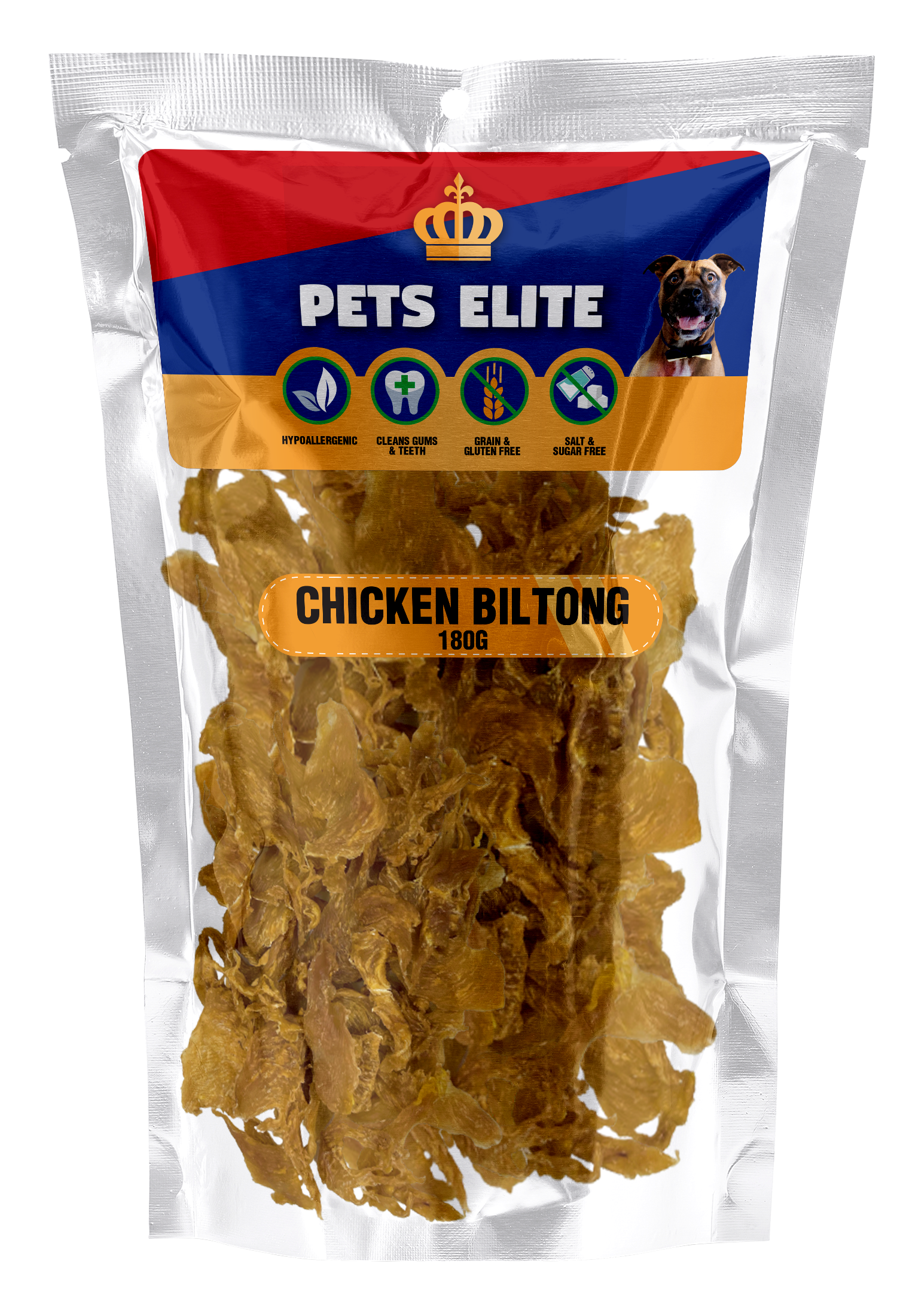 Pets Elite Chicken Biltong Bulk, front of pack — air-dried chicken biltong dog treat from Snout & Swagger