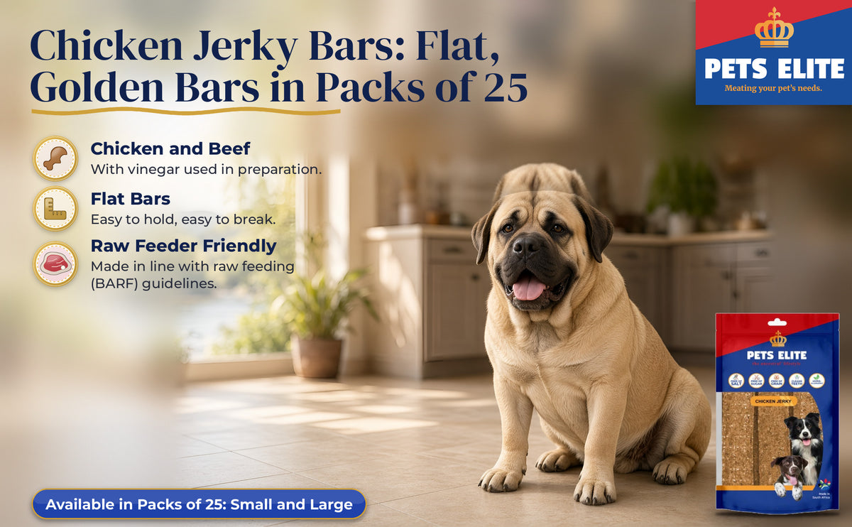 Spanish Mastiff in a Parys riverside kitchen beside Pets Elite Chicken Jerky Bars