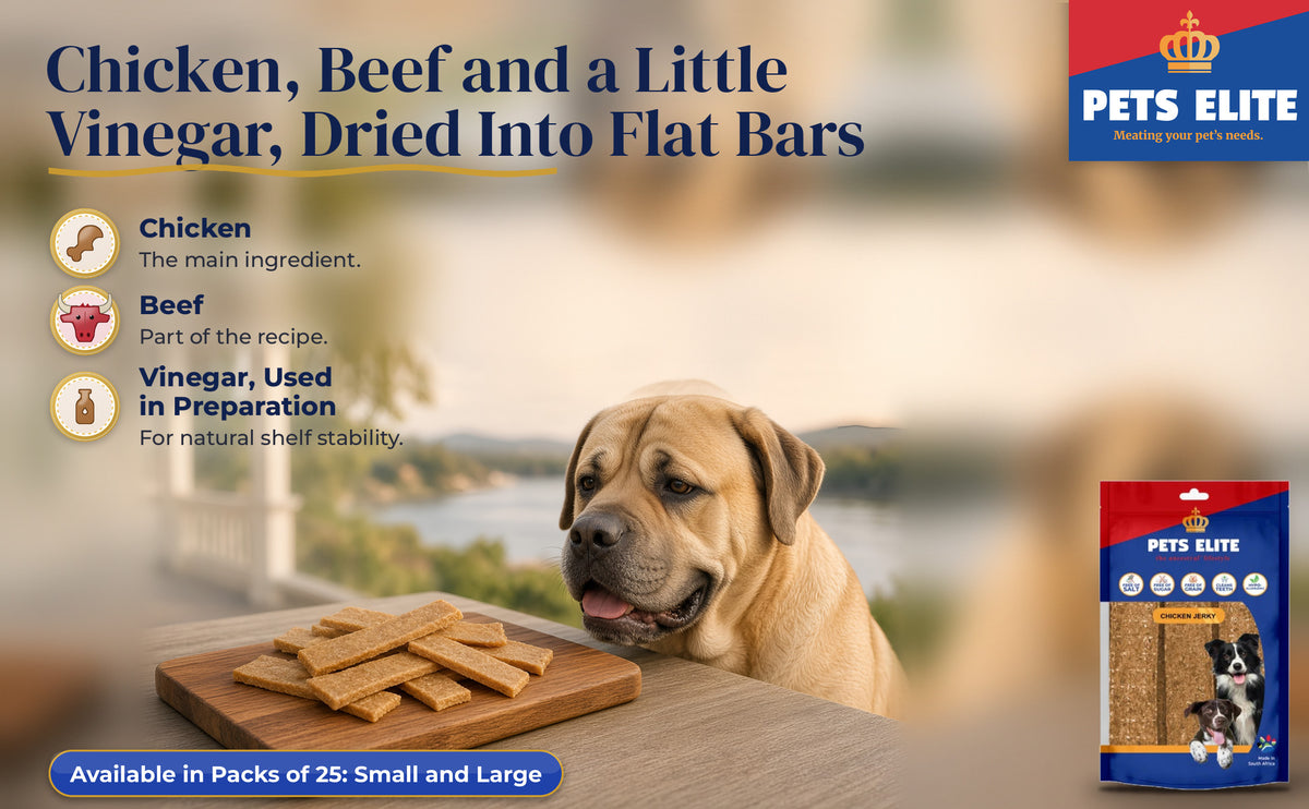 Spanish Mastiff at a Vaal River veranda table with Chicken Jerky Bars on a board