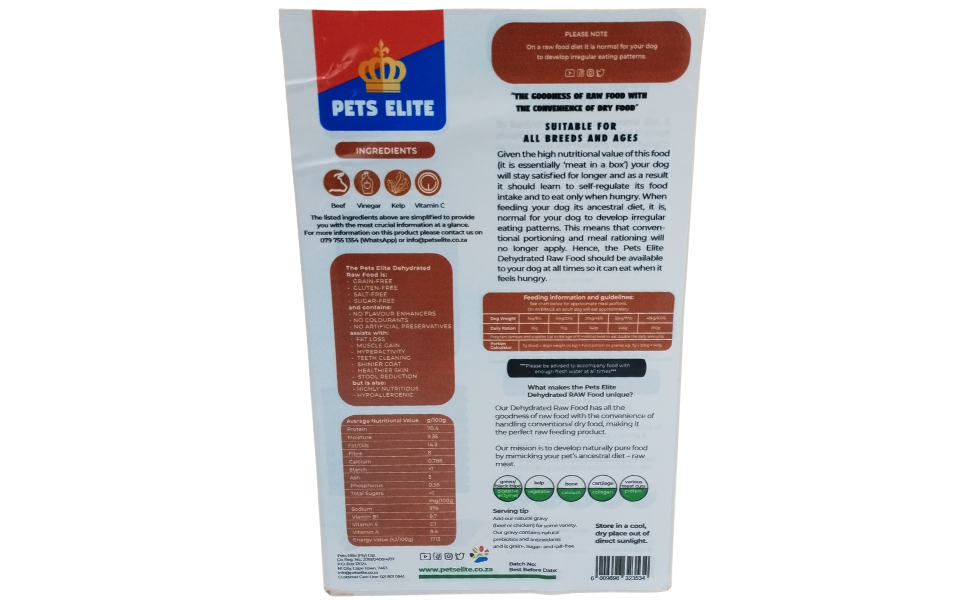Pets Elite Dehydrated Raw Beef Value Box 4kg box, back of pack showing ingredients and feeding guide — dehydrated raw beef complete dog food