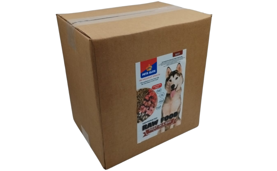 Pets Elite Dehydrated Raw Beef Value Box 4kg box, front of pack (view 2 of 2) — dehydrated raw beef complete dog food from Snout & Swagger