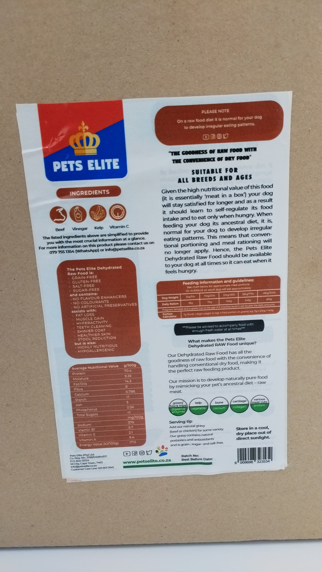 Pets Elite Dehydrated Raw Beef Value Box, back of pack showing ingredients and feeding guide (view 2 of 2) — dehydrated raw beef complete dog food from Snout & Swagger
