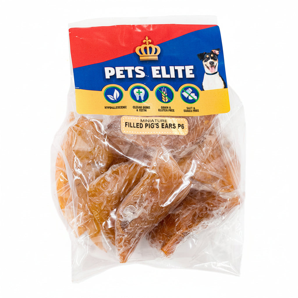 Pets Elite Filled Miniature Pig Ears, front of pack — filled miniature pork ear dog chew from Snout & Swagger