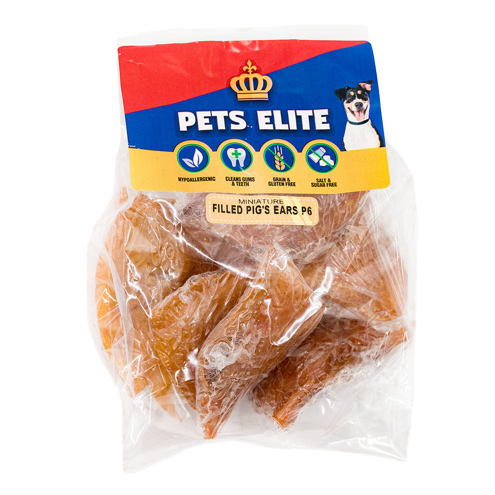 Pets Elite Filled Miniature Pig Ears Pack of 6, front of pack — filled miniature pig ear dog chew from Snout & Swagger