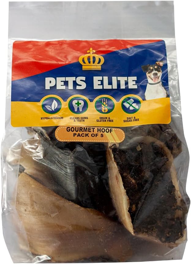 Pets Elite Gourmet Hooves Pack of 5, front of pack — natural ox hoof dog chew from Snout & Swagger