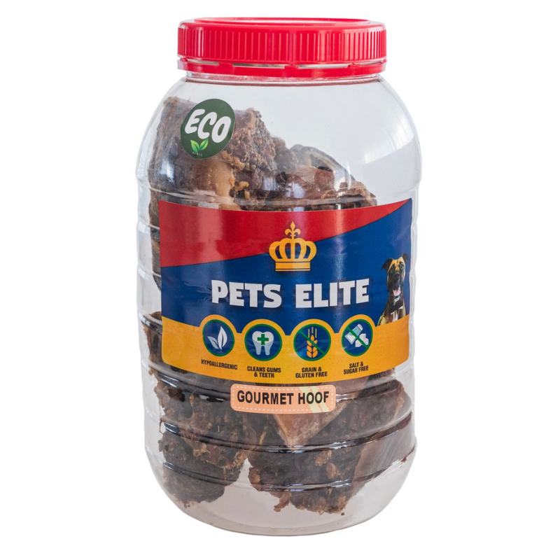 Pets Elite Gourmet Hooves Tub of 10, front of pack — natural ox hoof dog chew from Snout & Swagger