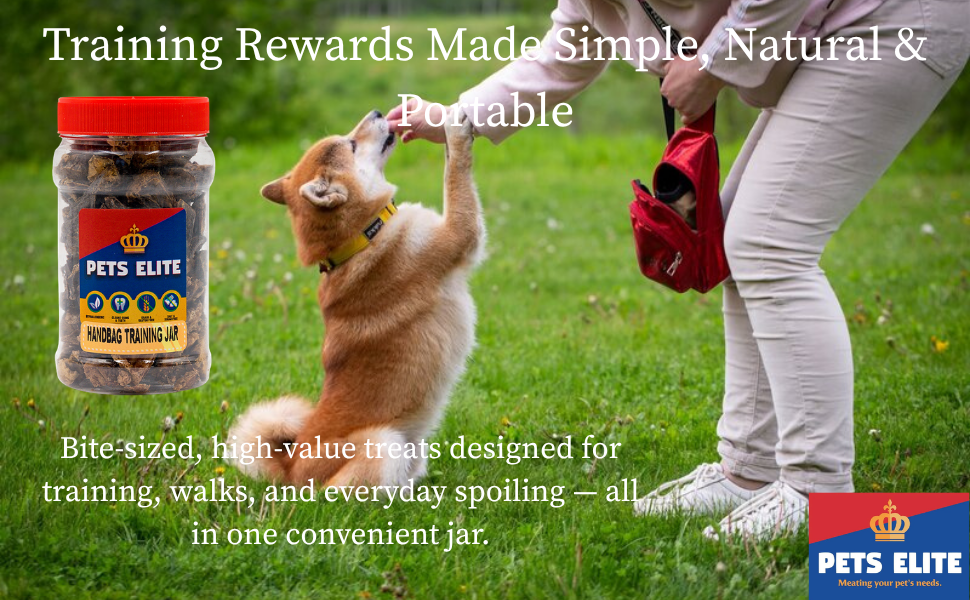 Pets Elite Handbag Training Jar 110g jar, product information panel (view 1 of 6) — natural dog training treats in a handbag jar from Snout & Swagger