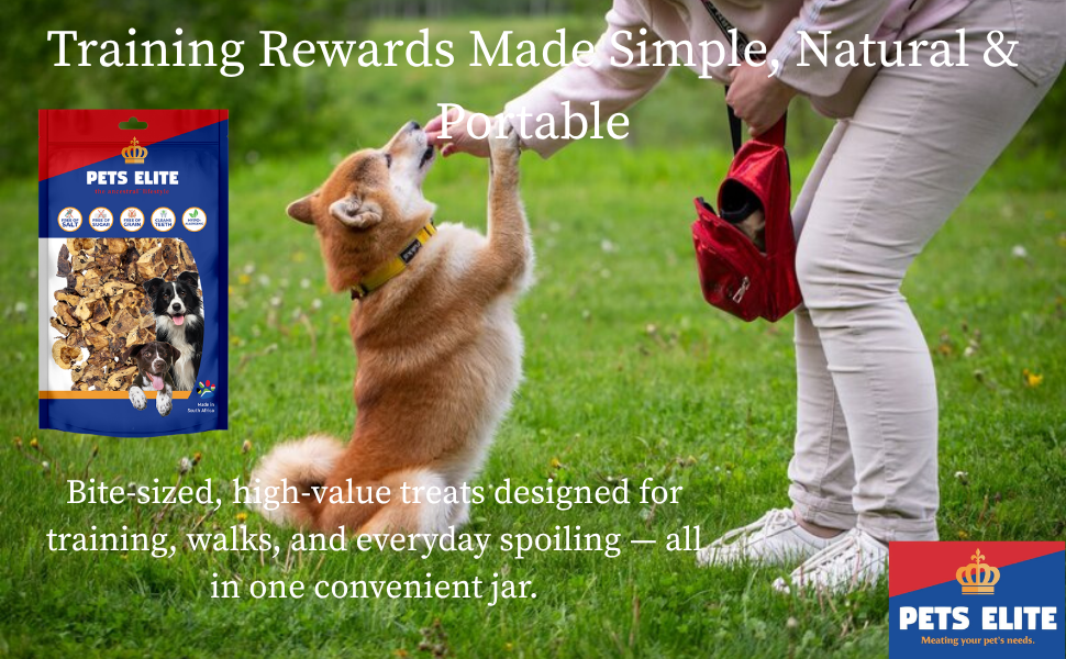 Pets Elite Handbag Training Jar 220g refill, product information panel (view 1 of 3) — natural dog training treats in a handbag jar from Snout & Swagger