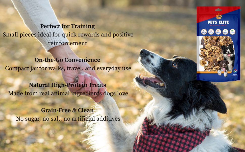 Pets Elite Handbag Training Jar 220g refill, product information panel (view 2 of 3) — natural dog training treats in a handbag jar from Snout & Swagger