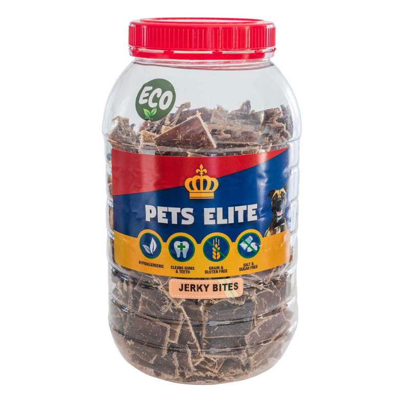 Pets Elite Jerky Bites 800g Tub, front of pack — natural beef jerky bite dog treat from Snout & Swagger