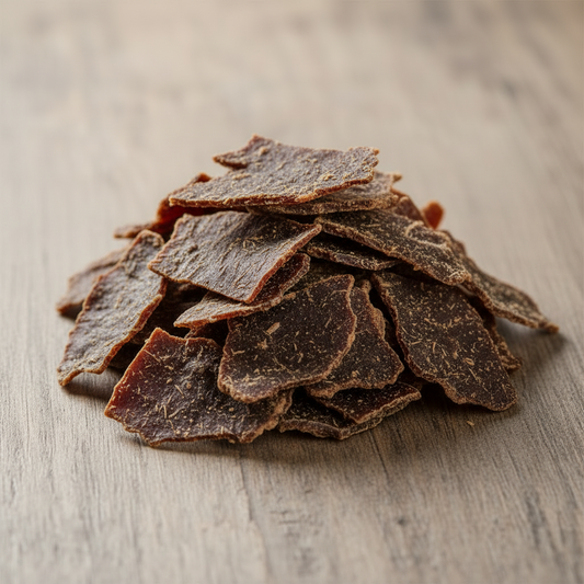 Pets Elite Jerky Bites 800g Tub, front of pack — natural beef jerky bite dog treat from Snout & Swagger