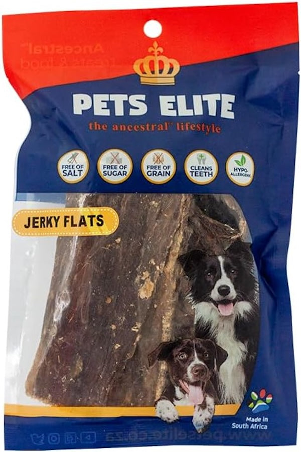Pets Elite Jerky Flats 120g Bulk, front of pack — natural beef jerky flat dog chew from Snout & Swagger