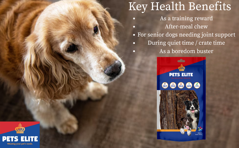Pets Elite Jerky Flats, product information panel (view 3 of 10) — natural beef jerky flat dog chew from Snout & Swagger