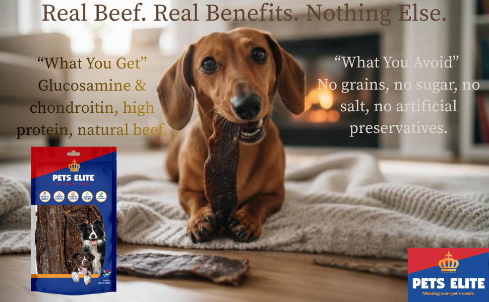 Pets Elite Jerky Flats, product information panel (view 8 of 10) — natural beef jerky flat dog chew from Snout & Swagger