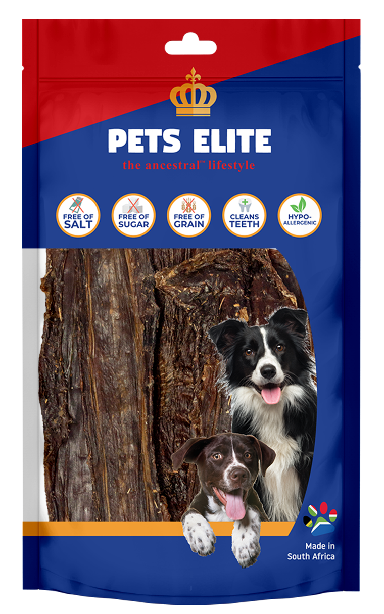 Pets Elite Jerky Flats, front of pack — natural beef jerky flat dog chew from Snout & Swagger