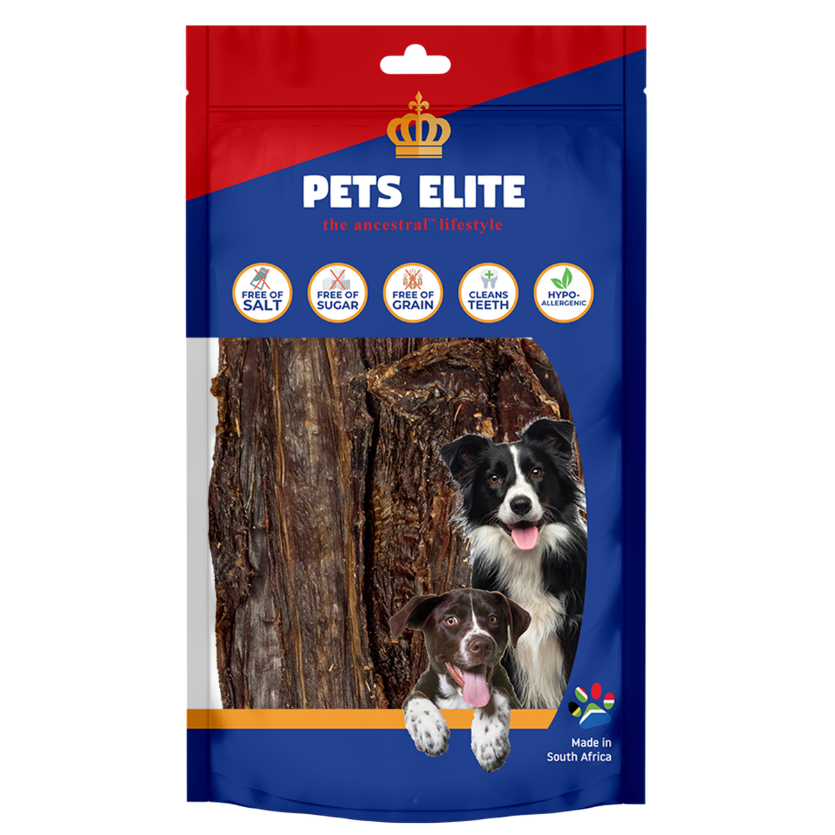 Pets Elite Jerky Flats, front of pack — natural beef jerky flat dog chew from Snout & Swagger