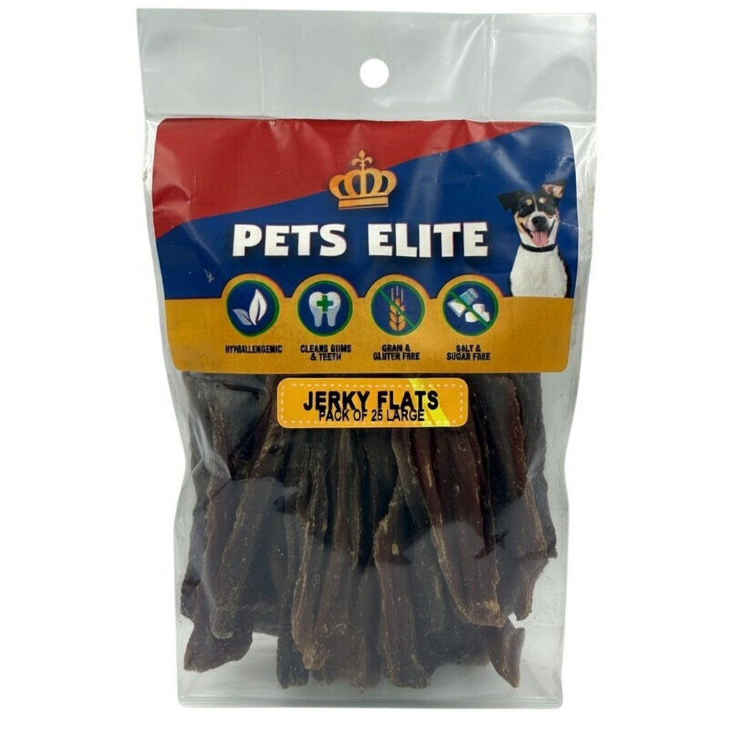 Pets Elite Jerky Flats Pack of 25 Large, front of pack — natural beef jerky flat dog chew from Snout & Swagger