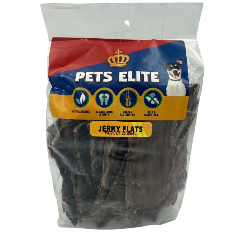 Pets Elite Jerky Flats Pack of 25 Small, front of pack (view 1 of 2) — natural beef jerky flat dog chew from Snout & Swagger