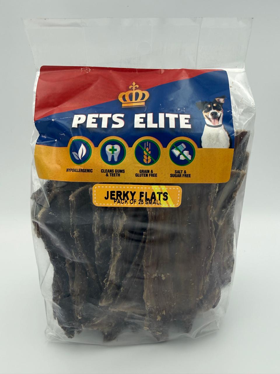 Pets Elite Jerky Flats Pack of 25 Small, front of pack (view 2 of 2) — natural beef jerky flat dog chew from Snout & Swagger