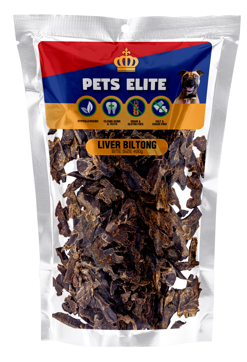 Pets Elite Liver Biltong Bite Size, front of pack (view 1 of 2) — bite size liver biltong dog treat from Snout & Swagger