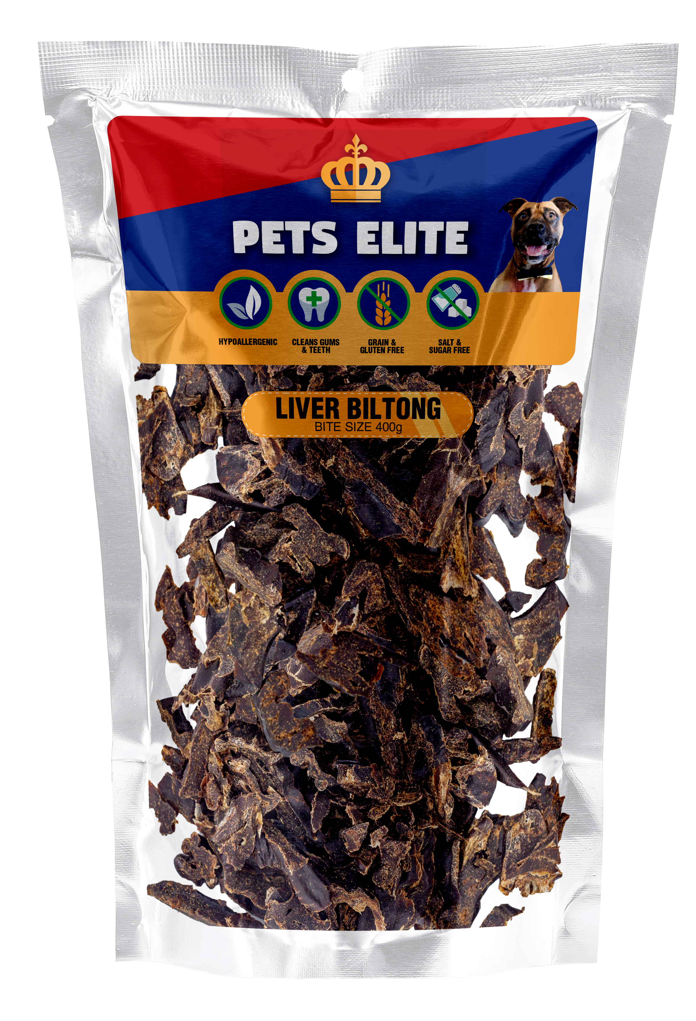 Pets Elite Liver Biltong Bite Size, front of pack (view 1 of 2) — bite size liver biltong dog treat from Snout & Swagger
