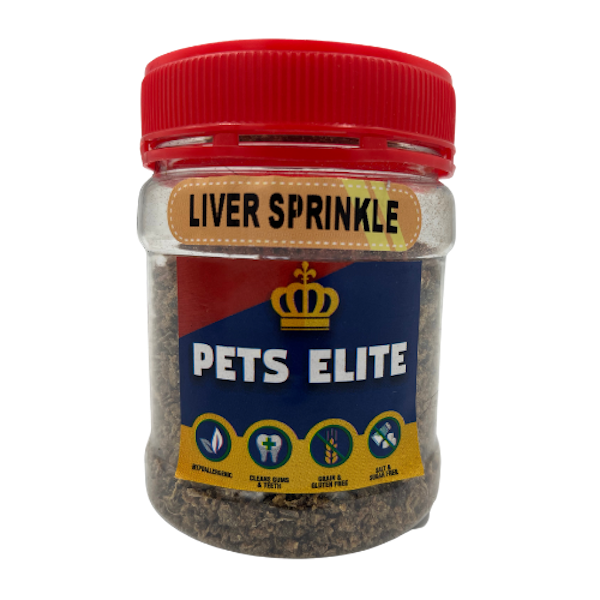 Pets Elite Liver Sprinkle Tub 90g, front of pack — liver sprinkle food topper for dogs from Snout & Swagger