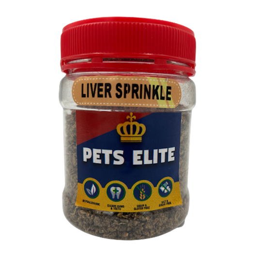 Pets Elite Liver Sprinkle Tub 90g, front of pack — liver sprinkle food topper for dogs from Snout & Swagger