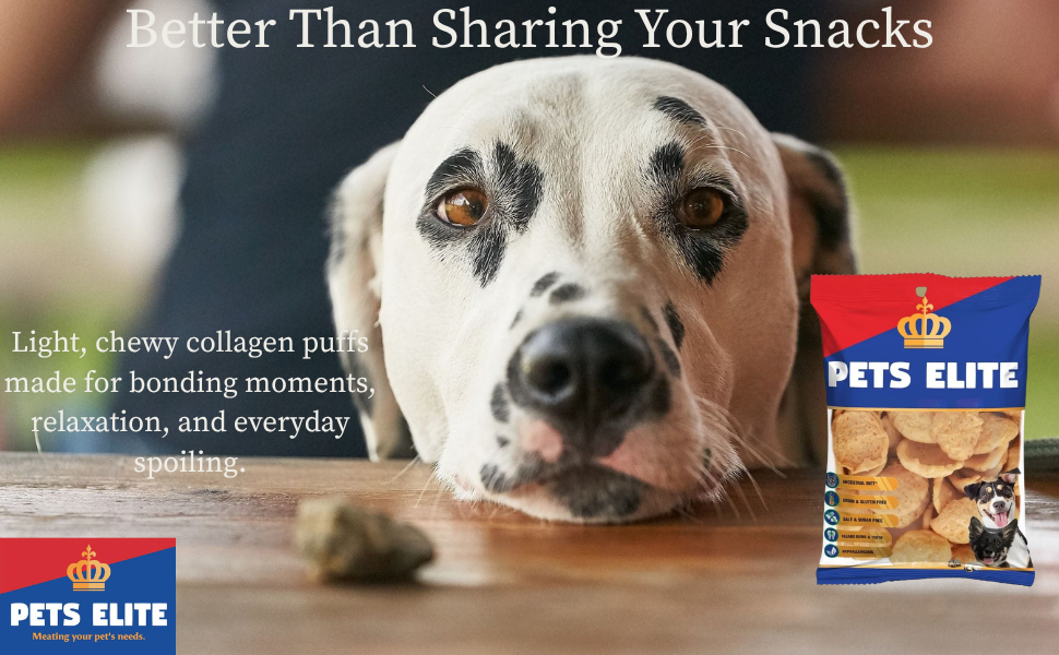 Pets Elite Meat Puffs, product information panel (view 1 of 6) — light pork collagen meat puff dog treat from Snout & Swagger