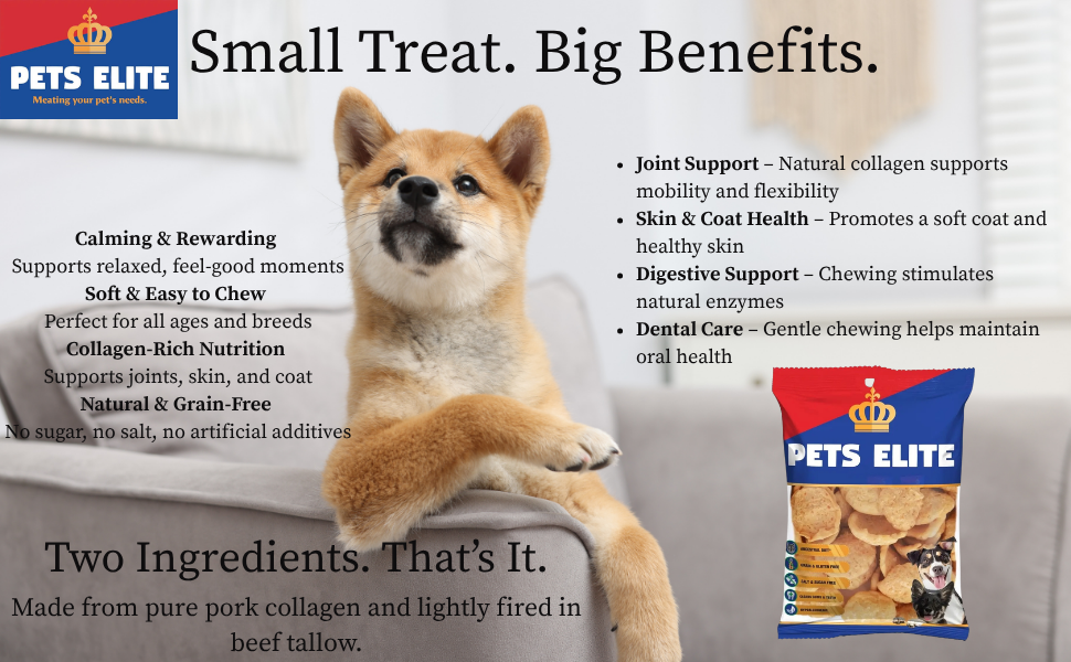 Pets Elite Meat Puffs, product information panel (view 3 of 6) — light pork collagen meat puff dog treat from Snout & Swagger