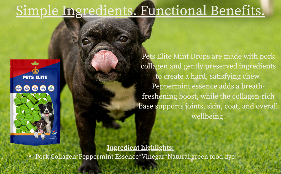 Pets Elite Mint Drops 130g Refill, product information panel (view 3 of 3) — mint drop breath freshening dog treat from Snout & Swagger