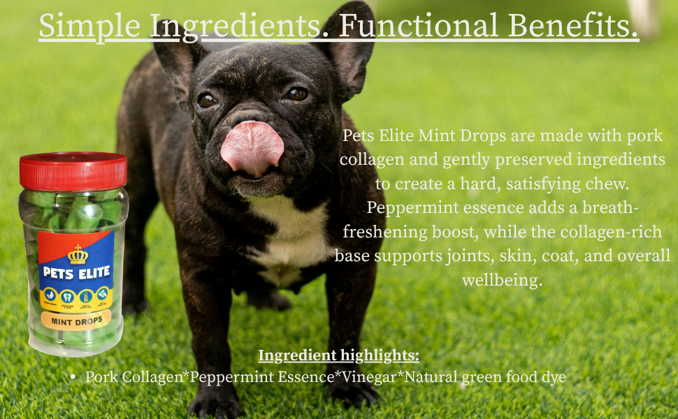 Pets Elite Mint Drops 130g Tub, product information panel (view 3 of 3) — mint drop breath freshening dog treat from Snout & Swagger