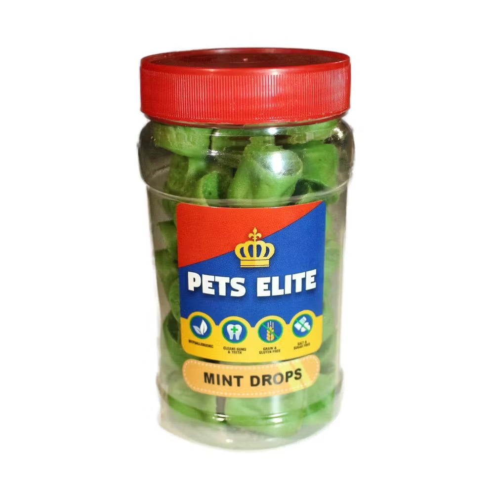 Pets Elite Mint Drops 130g Tub, front of pack (view 1 of 2) — mint drop breath freshening dog treat from Snout & Swagger