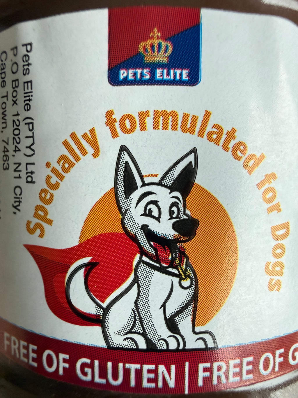 Pets Elite Mutelo 250g Jar, back of pack showing ingredients and feeding guide (view 2 of 4) — natural meat spread for dogs from Snout & Swagger
