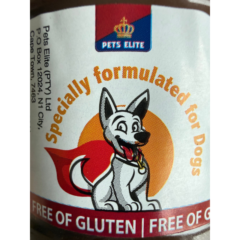 Pets Elite Mutelo 250g Jar, back of pack showing ingredients and feeding guide (view 3 of 4) — natural meat spread for dogs from Snout & Swagger