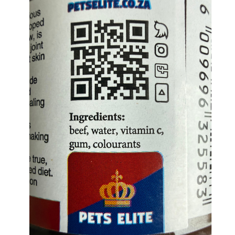 Pets Elite Mutelo 250g Jar, back of pack showing ingredients and feeding guide (view 4 of 4) — natural meat spread for dogs from Snout & Swagger