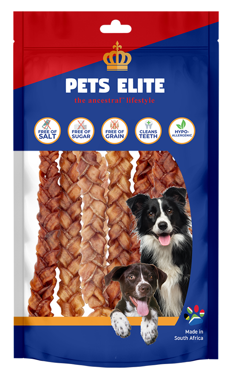 Pets Elite Natural Hide Koeksister Bulk pack of 4, front of pack — braided natural hide koeksister dog chew from Snout & Swagger