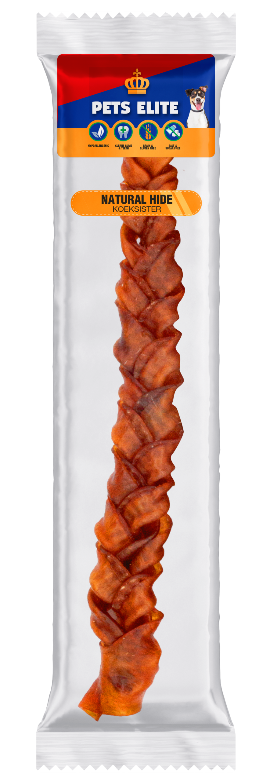Pets Elite Natural Hide Koeksister, front of pack (view 1 of 2) — braided natural hide koeksister dog chew from Snout & Swagger