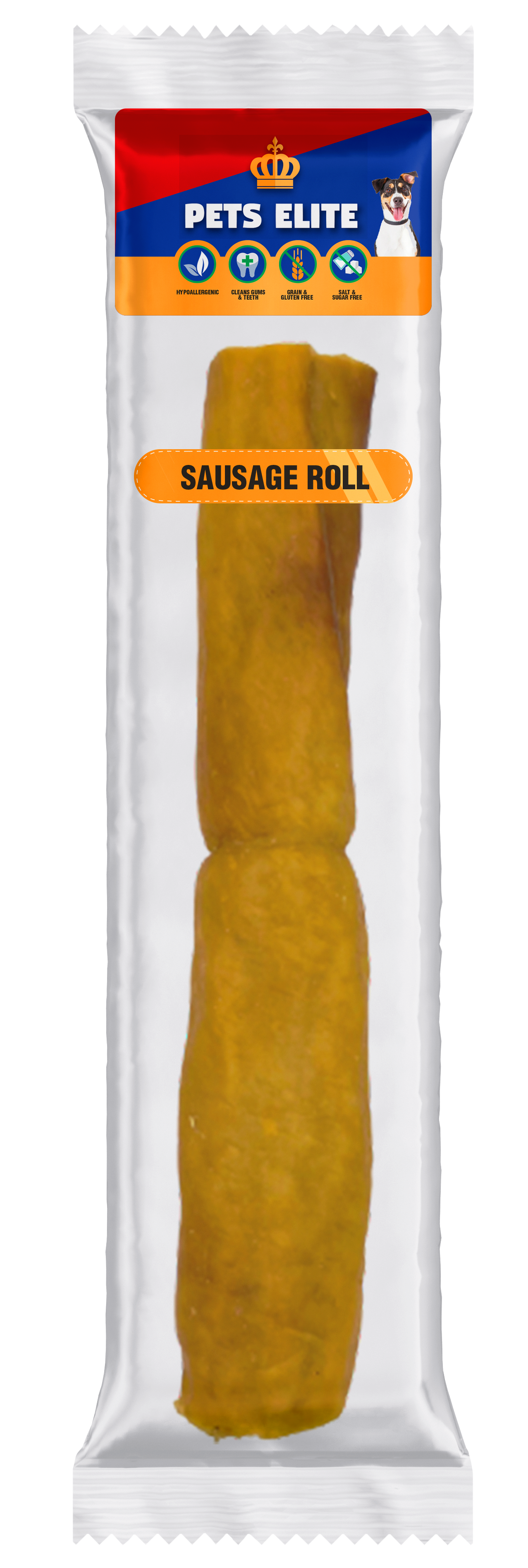 Pets Elite Natural Hide Sausage Roll, front of pack — natural hide sausage roll dog chew from Snout & Swagger