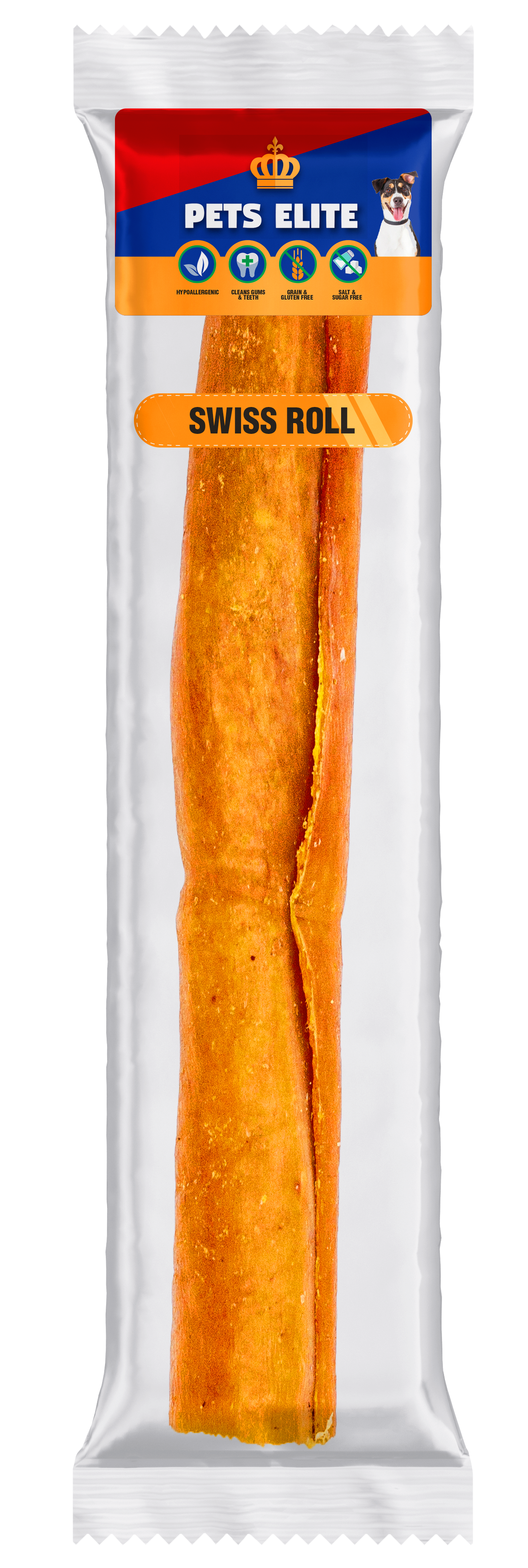 Pets Elite Natural Hide Swiss Roll Large 30cm, front of pack — natural hide swiss roll dog chew from Snout & Swagger