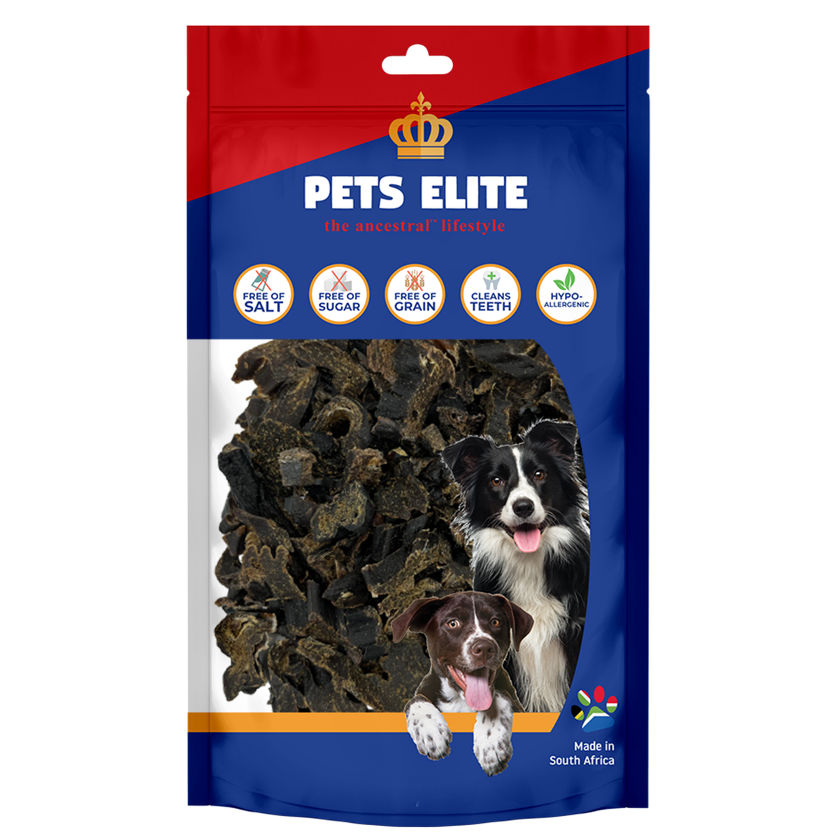 Pets Elite Ostrich Liver Biltong Bite Size, front of pack — novel-protein ostrich liver biltong dog treat from Snout & Swagger