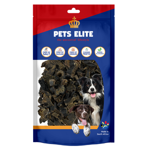 Pets Elite Ostrich Liver Biltong Bite Size, front of pack — novel-protein ostrich liver biltong dog treat from Snout & Swagger
