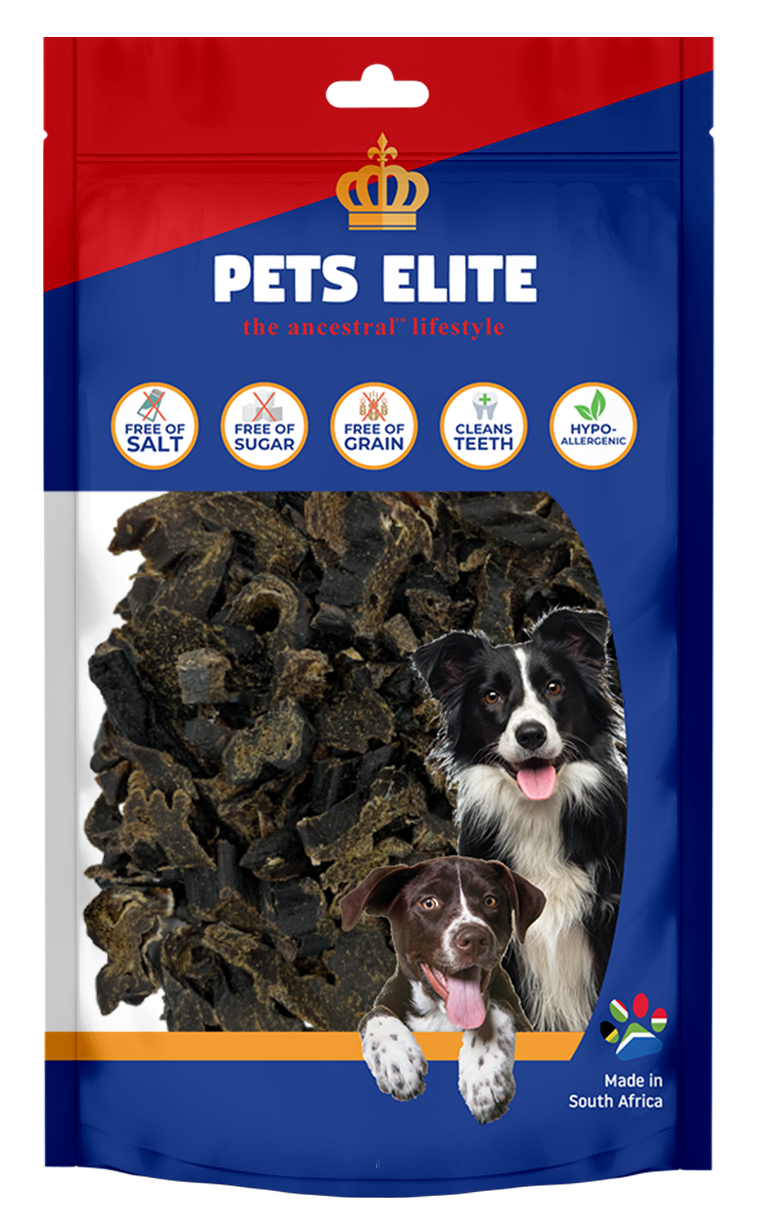 Pets Elite Ostrich Liver Biltong, front of pack — ostrich liver biltong dog treat from Snout & Swagger
