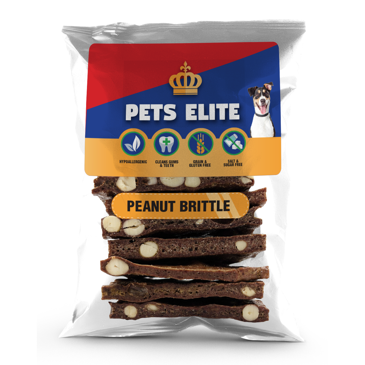 Pets Elite Peanut Brittle Sticks, front of pack — peanut brittle dog treat from Snout & Swagger