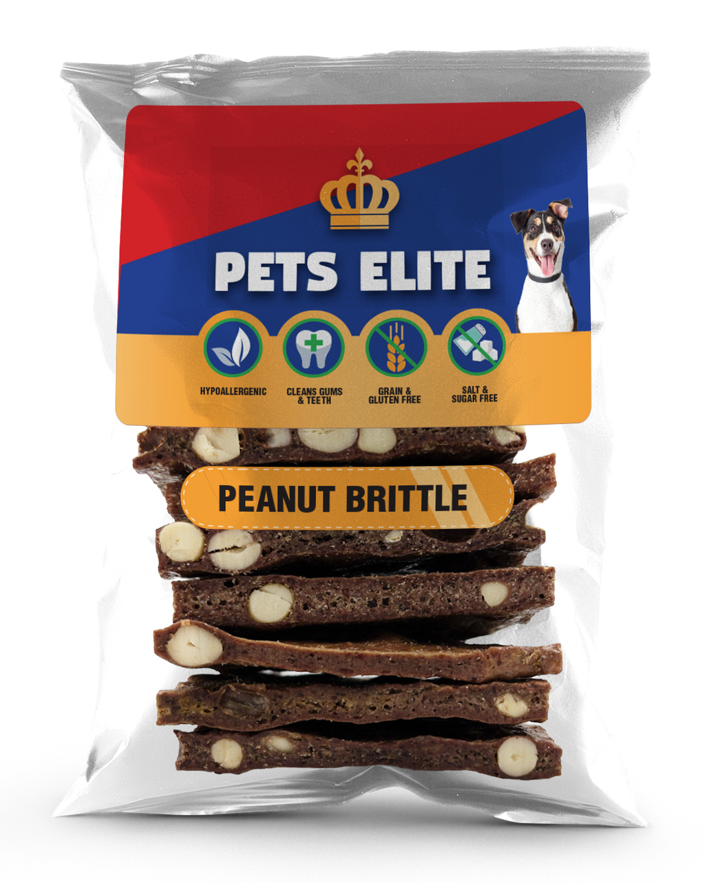 Pets Elite Peanut Brittle Sticks, front of pack — peanut brittle dog treat from Snout & Swagger