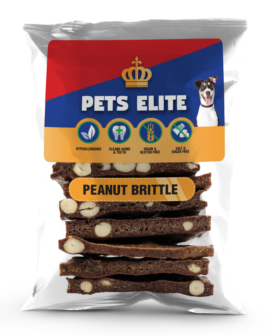Pets Elite Peanut Brittle Sticks, front of pack — peanut brittle dog treat from Snout & Swagger